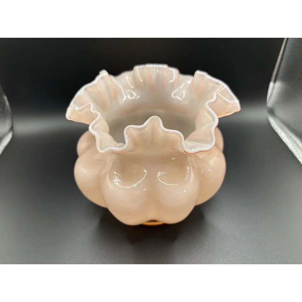 Vintage Fenton Peach Pink Double Crimped Cased Glass Melon Overlay Bowl Vase 6”